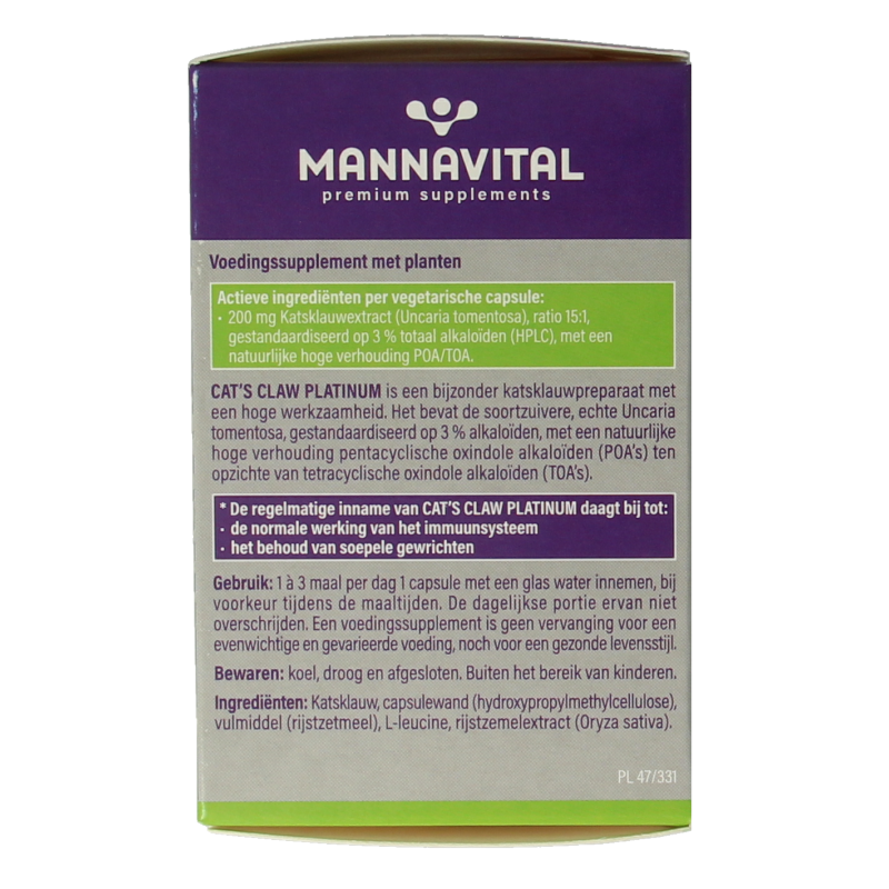 Mannavital Cat's Claw Platinum herbal supplement capsules, natural kruidpreparaten product, shown in a bottle with capsules.