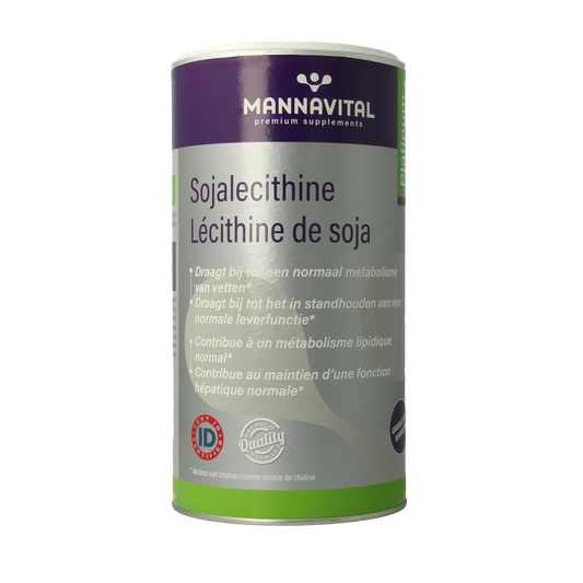 Mannavital Soja Lecithine Granulaat, 500g, showing a container of soy lecithin granules in a natural setting