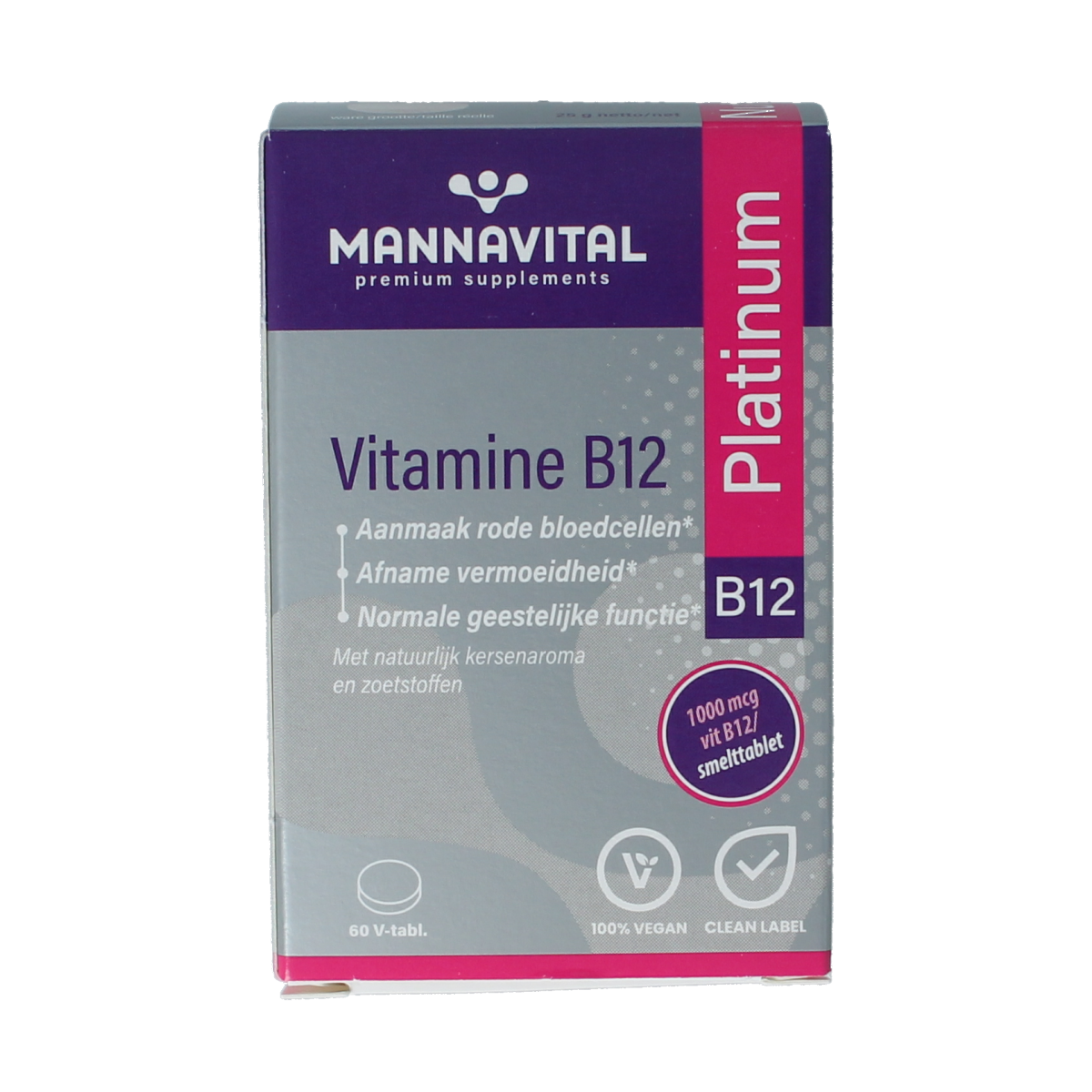 Mannavital Vitamin B12 Platinum supplement box with 60 tablets, showing packaging and label details.