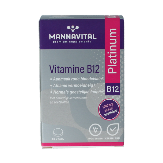Mannavital Vitamin B12 Platinum supplement box with 60 tablets, showing packaging and label details.