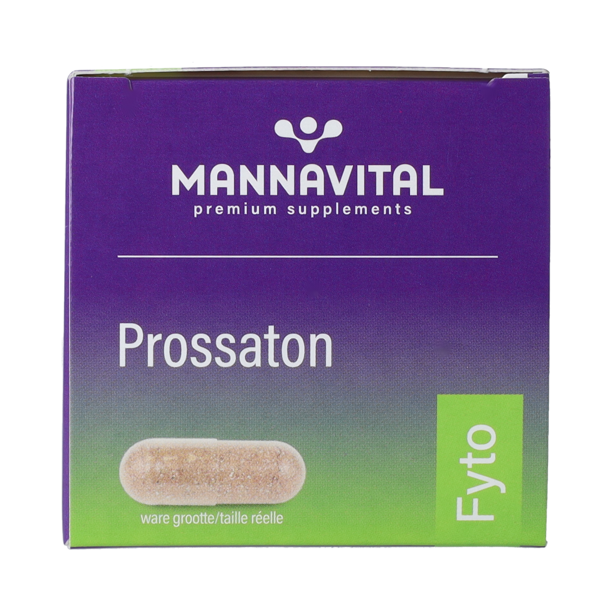 Mannavital Prossaton 60 vegetarian herbal capsules in a clear bottle, designed for herbal supplement intake.