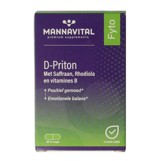 Mannavital D-priton herbal supplement capsules in a bottle, featuring the Mannavital brand label and 60 capsules.