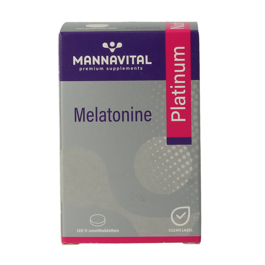 Mannavital Melatonine Platinum herbal supplement box with 120 chewable tablets, natural sleep aid product.