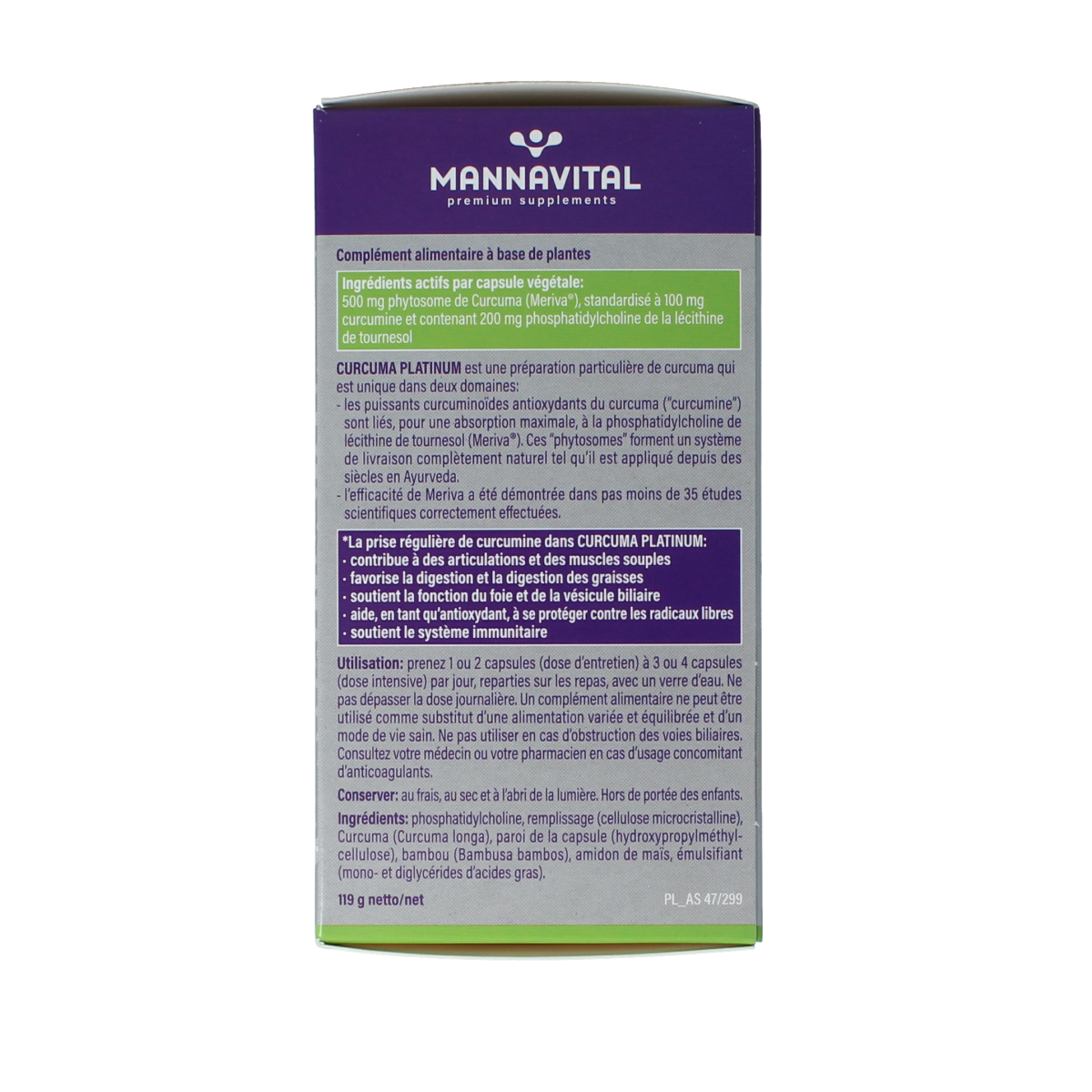 Mannavital Curcuma Platinum vegetarian capsules in a bottle, herbal supplement for supporting joint and liver health.