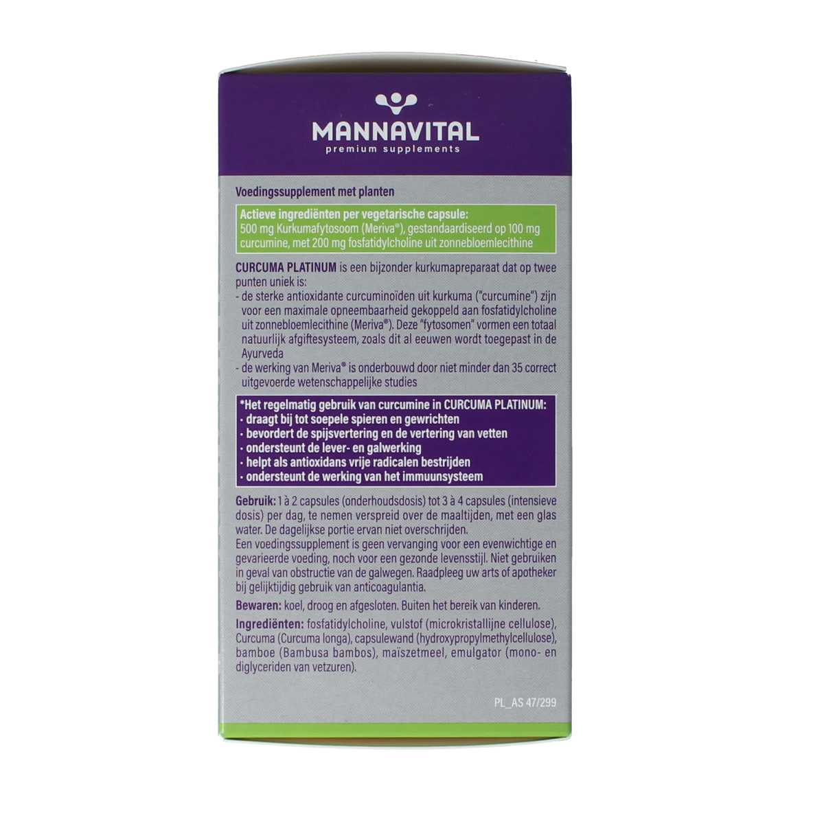 Mannavital Curcuma Platinum vegetarian capsules, herbal supplement in a clear bottle with capsules inside.