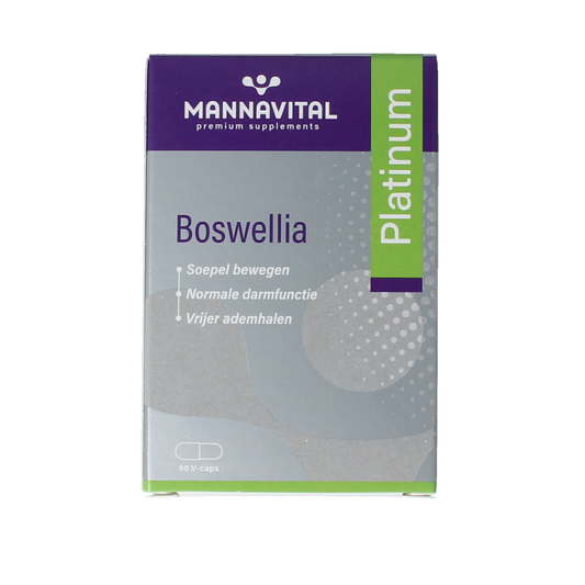 Mannavital Boswellia Platinum vegetarian capsules in a bottle, herbal supplement for joint support and inflammation relief.