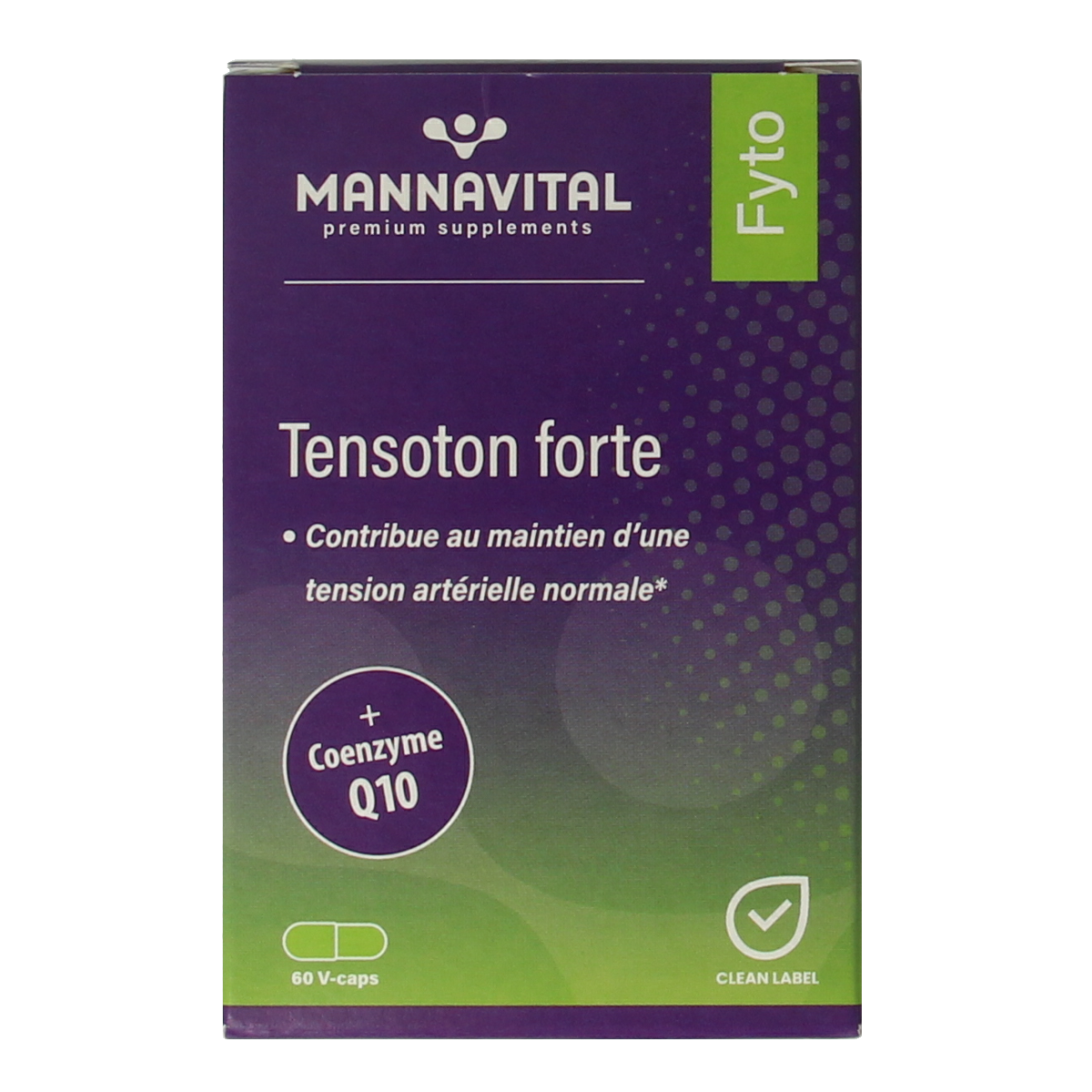 Vegetarische capsules van Mannavital Tensoton Forte kruidenpreparaat in een pot met capsules, voor natuurlijke ondersteuning.