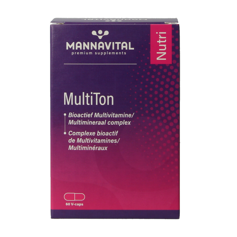Mannavital Multiton 60 vegetarian vitamin capsules in a clear container with label showing product details.