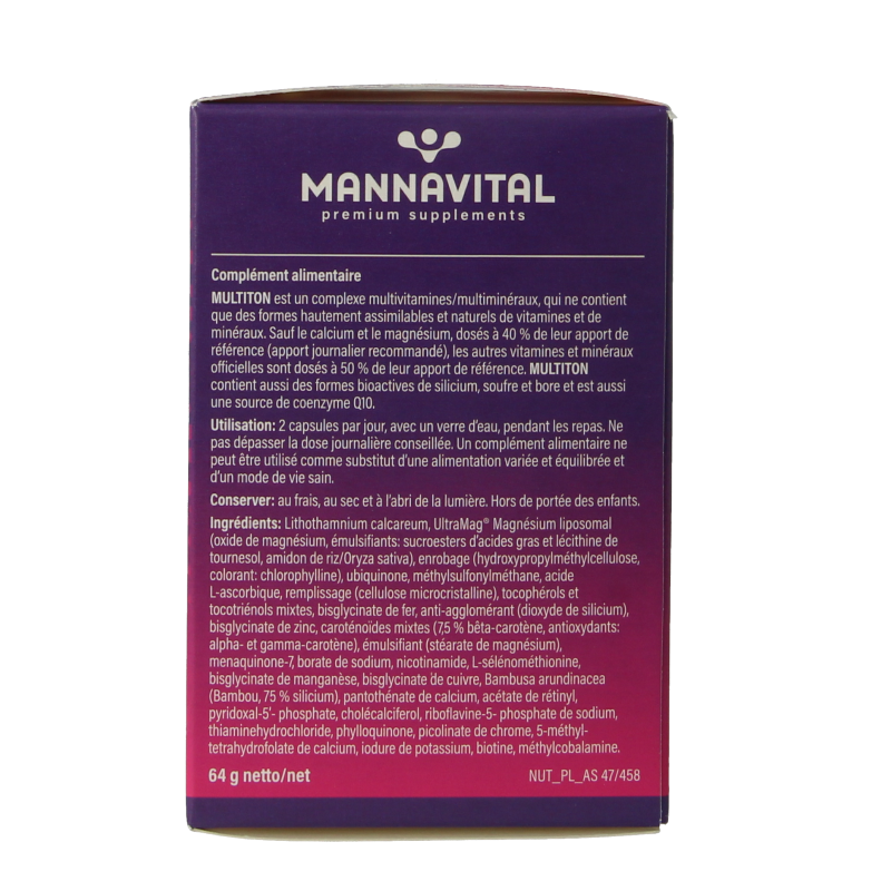 Mannavital Multiton 60 vegetarian vitamin capsules in a clear bottle with a white label and colorful cap.