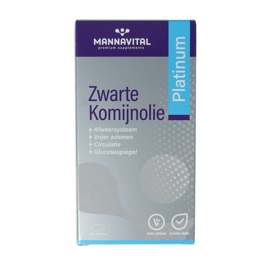 Mannavital Zwarte komijnolie platinum softgels in blister pack, herbal supplement for wellness, in dark capsules