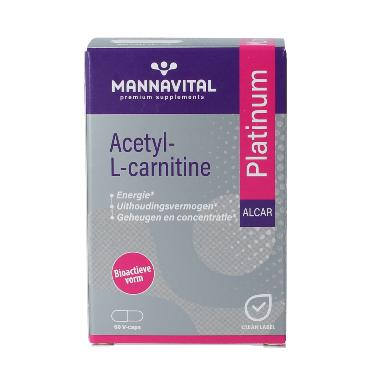 Mannavital Acetyl-L-Carnitine Platinum vegetarian capsules, dietary supplement in a clear container, showing capsules inside.
