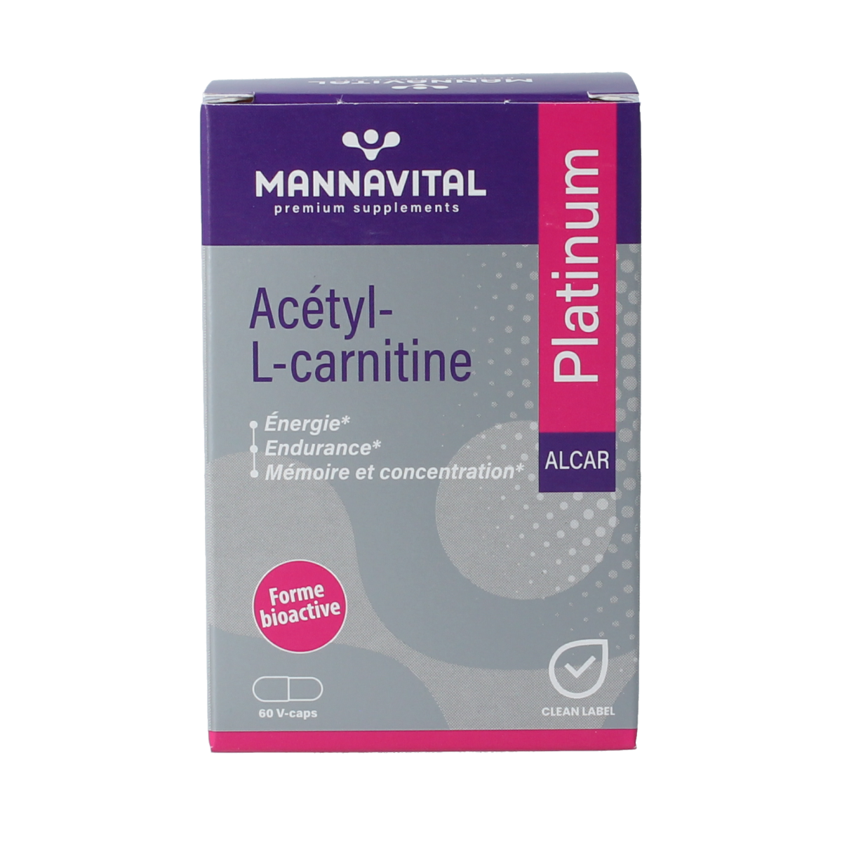 Mannavital Acetyl-L-Carnitine Platinum vegetarian capsules, amino acids supplement, 60 capsules in a bottle