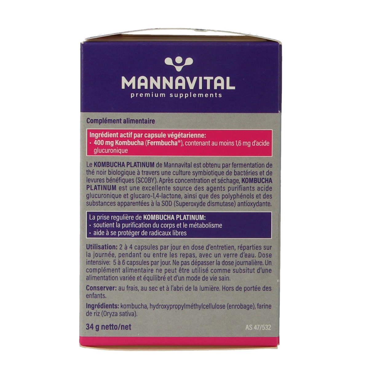 Mannavital Kombucha Platinum vegetarian capsules, dietary supplement and herbal preparation in a clear container.