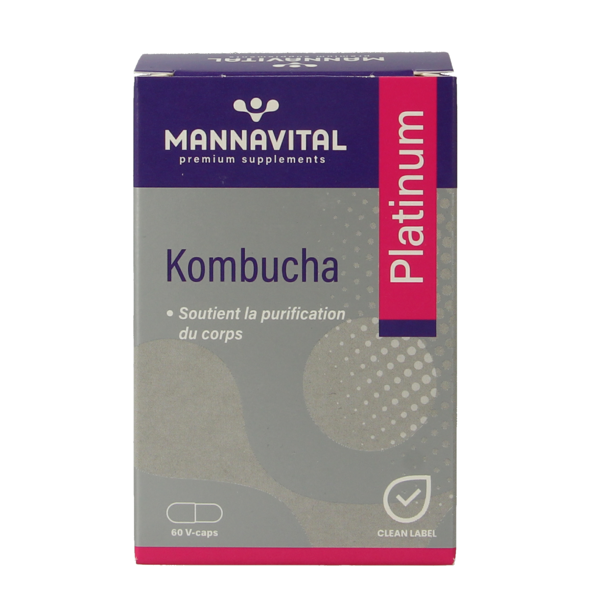 Mannavital Kombucha Platinum vegetarian capsules, dietary supplement and herbal preparation, displayed in a clear container.