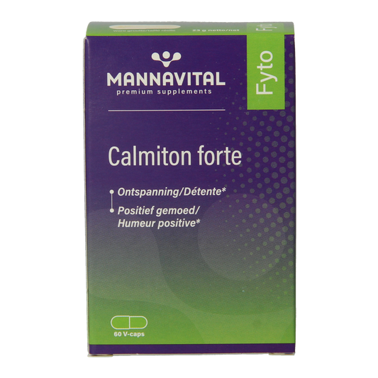 Mannavital Calmiton vegetarian herbal capsules in a white bottle with a label, used as a dietary supplement.