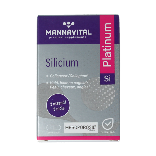 Mannavital Silicium Platinum vegetarian capsules, mineral supplement in a clear bottle with white cap and label, close-up view.