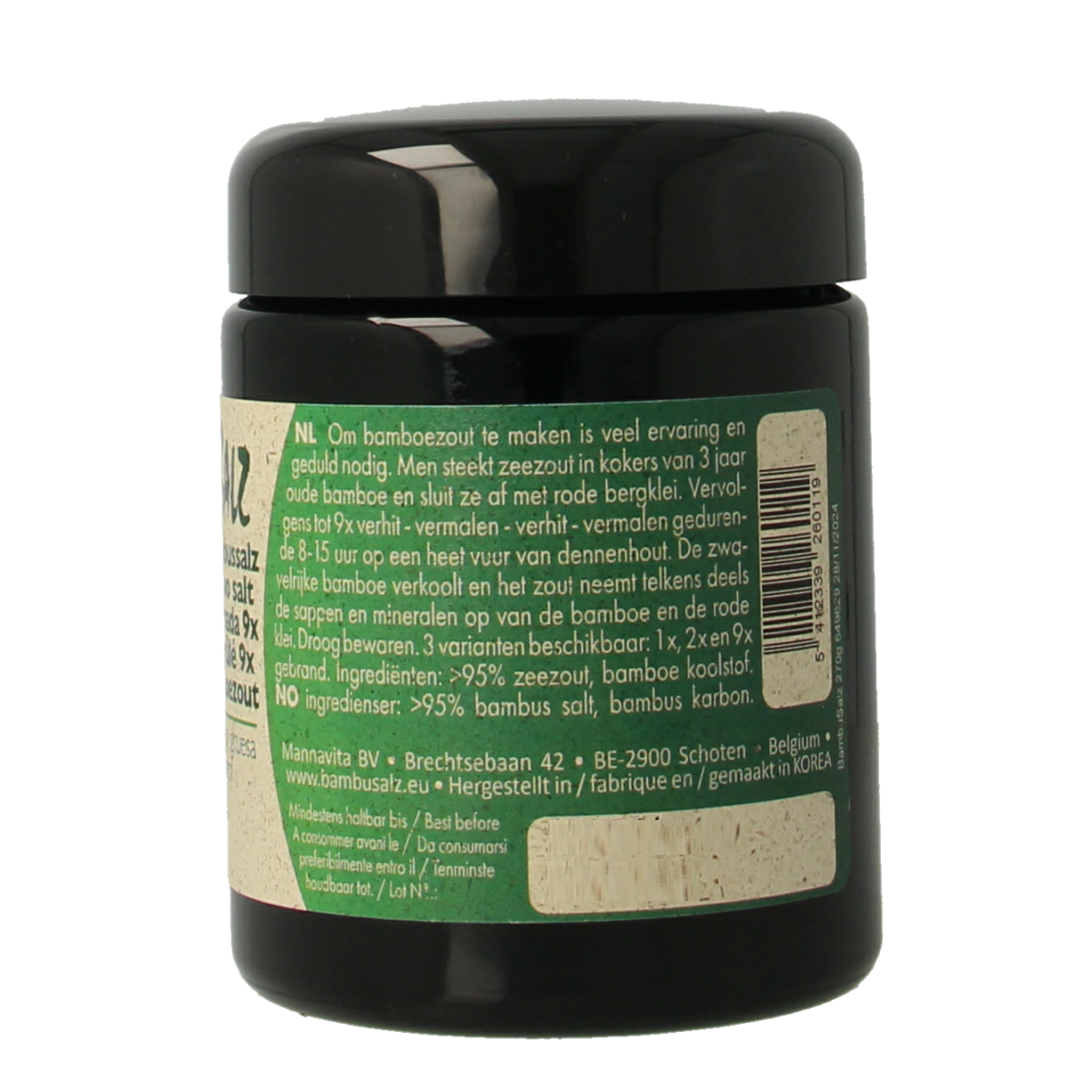 Bambu Salz Bamboezout zeer grof 9x gebrand, 270g, natural bamboo salt for culinary use, in a clear container