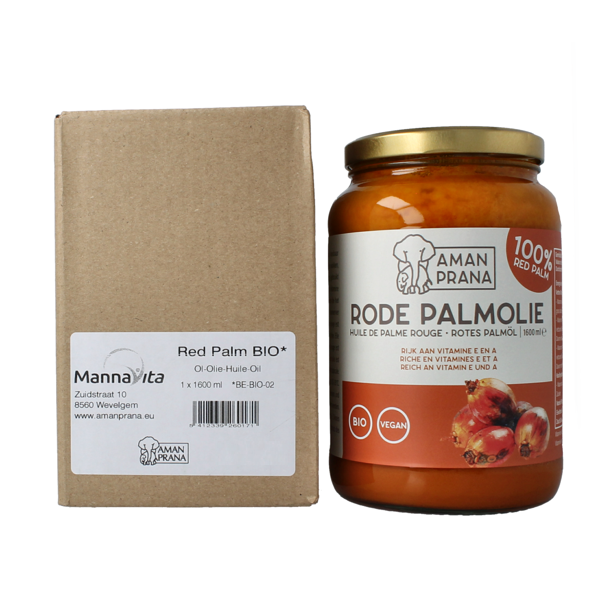 Amanprana Rode palm olie bio in 1600ml bottle, natural organic palm oil for cooking and baking.