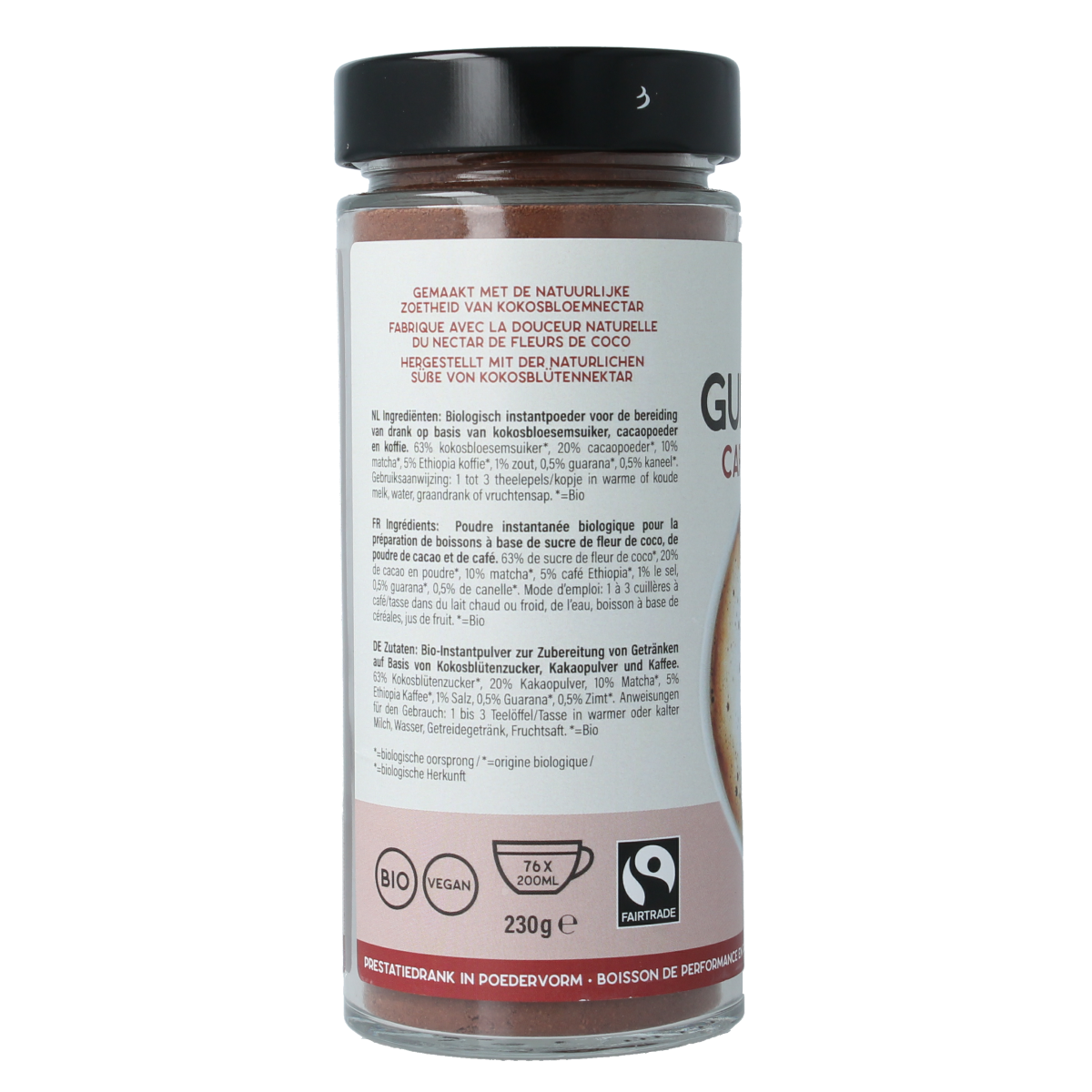 Amanprana Gula Java cacao and Ethiopia bio coffee in 230g package, with coffee beans and cacao on the label.