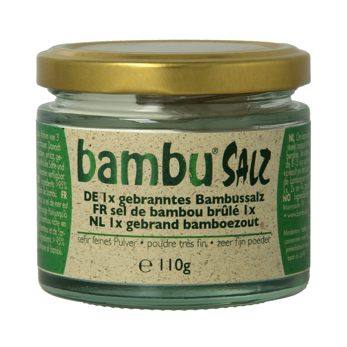 Bambu Salz Bamboezout zeer fijn gebrand kruiden en zoutmix, 110g, in een heldere container met Bambu Salz branding
