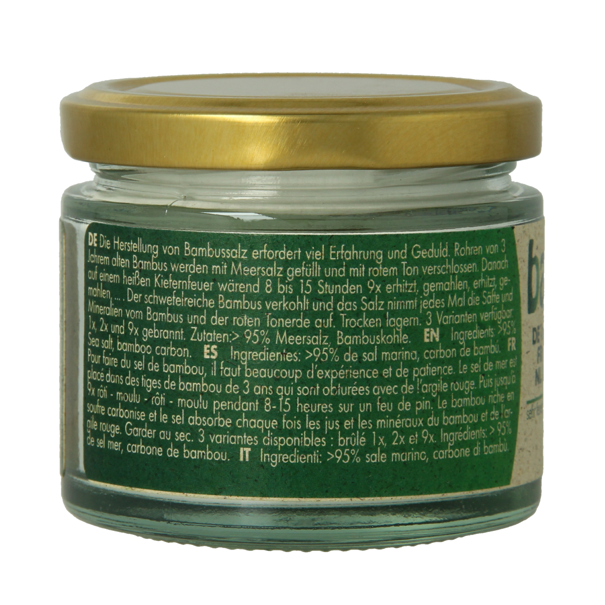 Bambu Salz Bamboezout zeer fijn 110g, branded fine bamboo salt for culinary use, shown in a clear container.