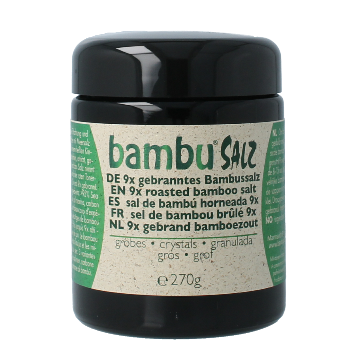 Bambu Salz grof bamboezout 270g, natural herbal salt with coarse grains, in branded packaging, for seasoning and cooking.