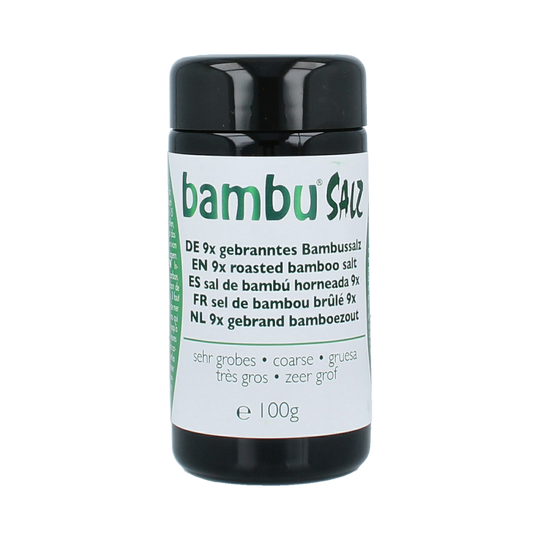Bambu Salz Bamboezout zeer grof 100g, organic bamboo salt, in a clear container, for seasoning and culinary use