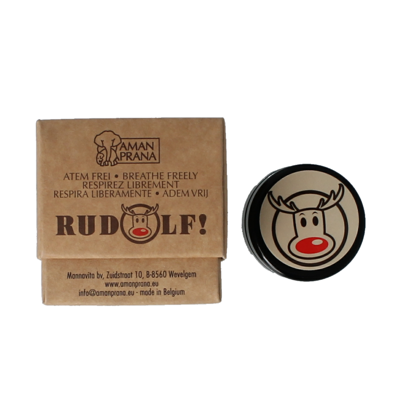 Nutribel Rudolf ademvrij kruidenbalsem 5ml for nasal care and inhalation, with herbal ingredients in a small tube.