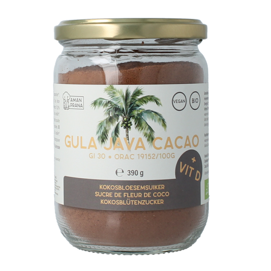 Amanprana Gula Java cacao with vitamin D in a 390g package, ideal for drinks and smoothies, featuring cacao and sugar ingredients.