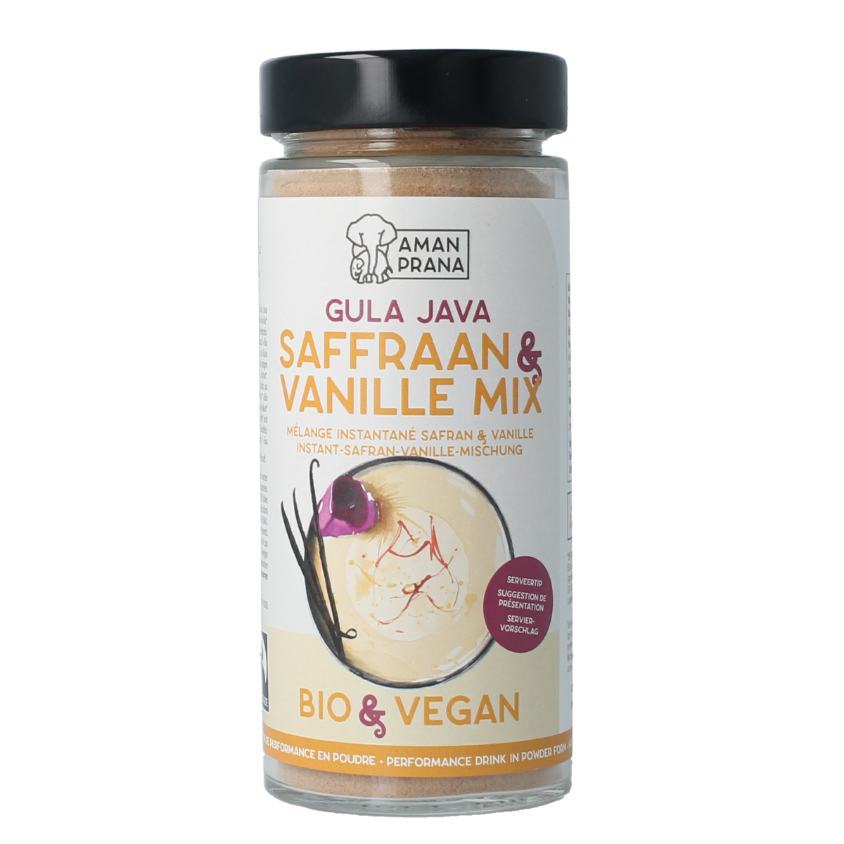Amanprana Gula Java saffraan & vanille bio in 230g jar, natural sweetener for drinks and juices, with saffraan and vanilla flavor.