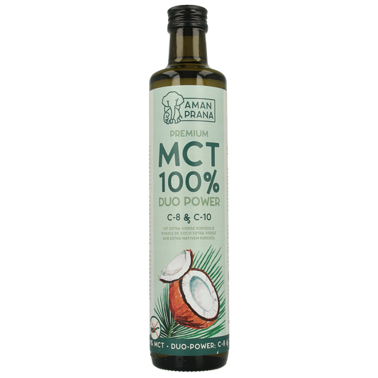 Amanprana MCT olie premium bio in 500ml bottle, organic coconut oil for health and energy, showing the oil bottle and label.