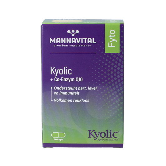 Mannavital Kyolic and co-enzyme Q10 capsules, herbal supplement by Mannavital, in a clear bottle with 60 capsules.