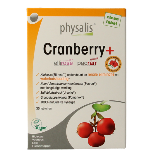 Physalis Cranberry herbal supplement tablets in a bottle, part of Physalis kruidenpreparaten collection, with label showing cranberry imagery.