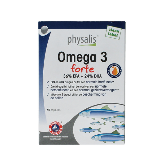 Physalis Omega 3 Forte Vetzuren capsules, 60-count softgel supplement with fish oil for heart health and overall wellness.