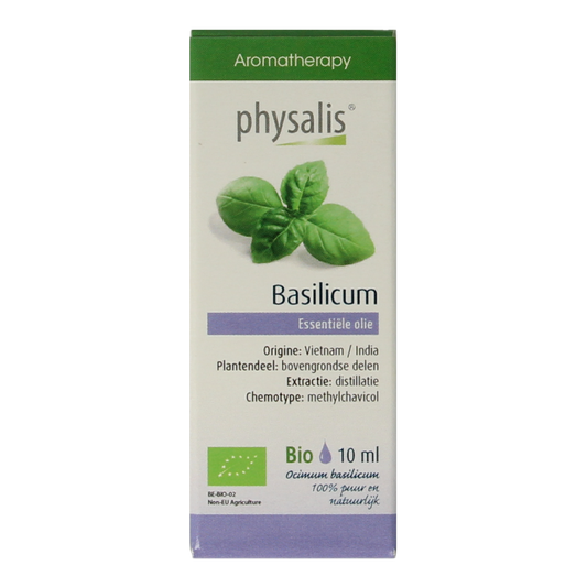 Physalis Bio Basilicum essential oil in a 10ml amber bottle, with dropper cap, showcasing the Physalis brand and product label.