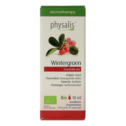 Physalis Wintergreen bio essential oil in 10ml bottle, natural etherische olie with green wintergreen aroma and botanical label.