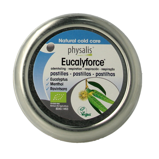 Physalis Eucalyforce bio gummies in a clear container, showcasing colorful, fruit-flavored snoepgoed with eucalyptus flavor.