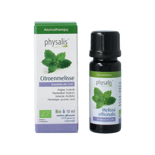 Physalis Citroenmelisse 5% organic herbal preparation in a 10ml bottle, featuring fresh lemon balm leaves and natural extract.