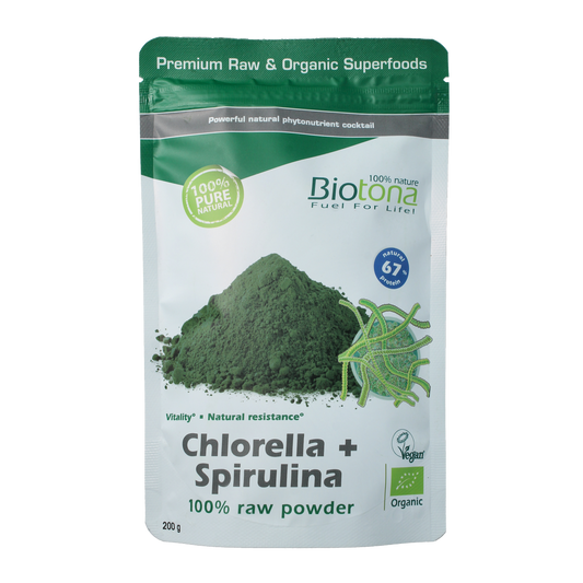 Biotona raw chlorella and spirulina superfood powder in a 200g package, vibrant green powdered supplement for health.