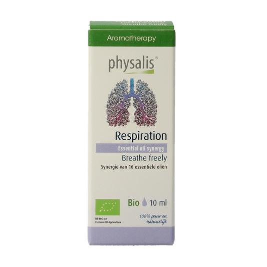 Physalis Synergie respiration bio essential oil bottle with label, 10ml, featuring natural ingredients for respiratory support.