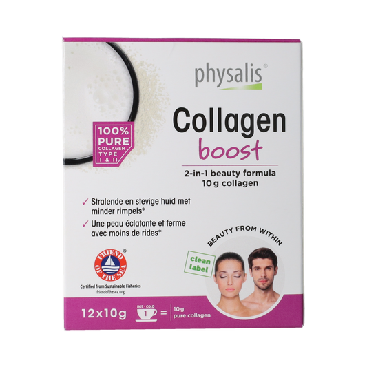 Physalis Collagen Boost 10g sachets, 12-pack, showing the individual sachets with collagen supplement branding and packaging details.