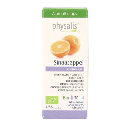 Physalis Sinaasappel bio herbal supplement bottle, 30ml, featuring orange flavor and natural ingredients in a small glass container.