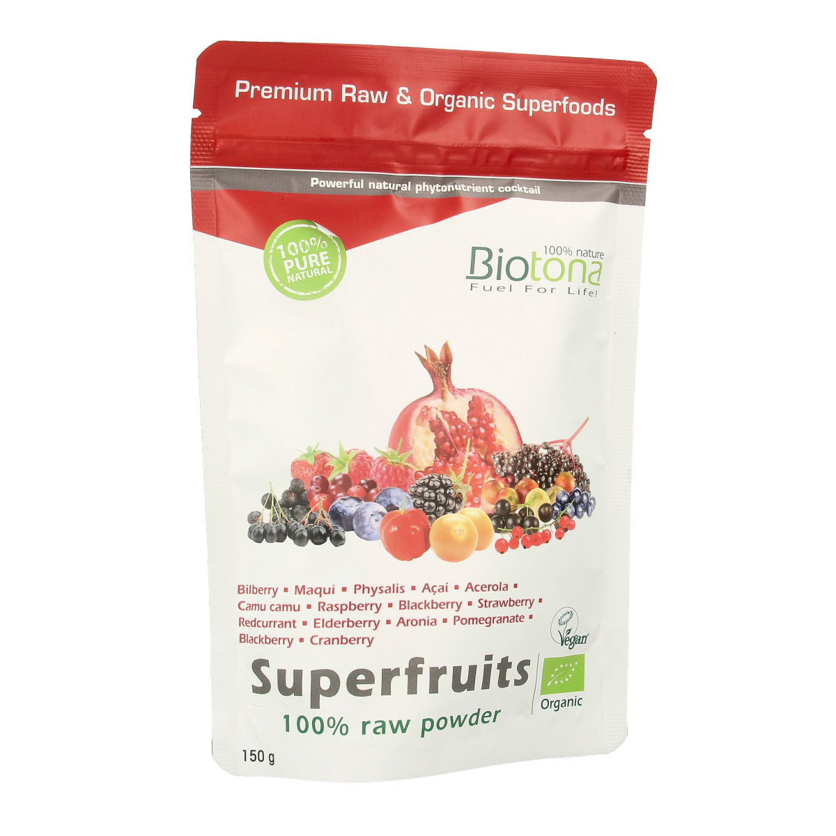 Biotona Superfruits raw superfood powder in a 150g package, vibrant mixture of organic superfoods in a resealable bag.