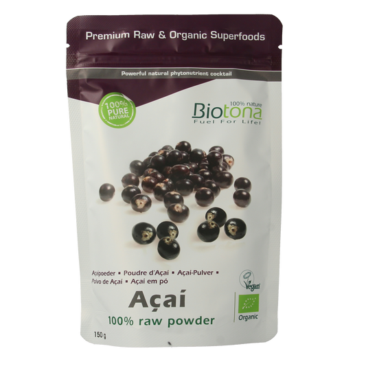 Biotona Acai raw powder in 150g package, superfood supplement with vibrant purple acai berries and natural texture.