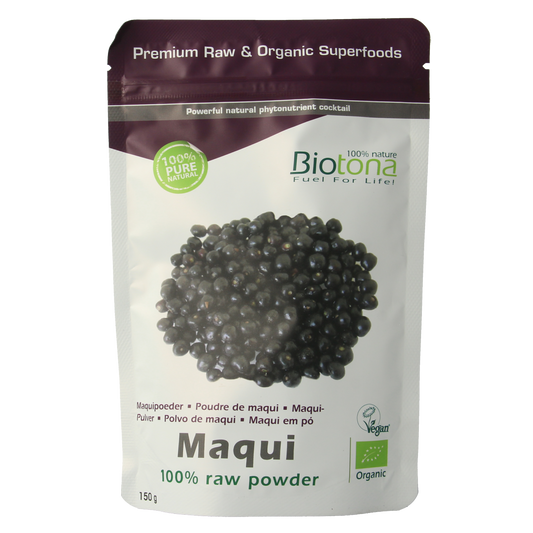 Biotona Maqui raw organic powder in a 150g package, showcasing vibrant purple maqui berries used in superfoods.