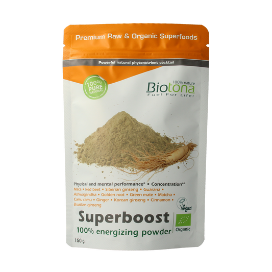 Biotona Superboost organic raw superfood powder in 150g package, featuring natural superfoods for health and energy.