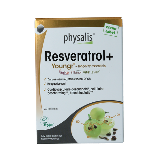 Physalis Resveratrol vegan supplement in a bottle with 30 tablets, herbal supplement from Physalis brand.