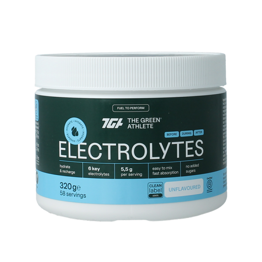 The Green Athlete Electrolytes mineral blend packaging showing a 320g container of electrolyte supplement in a clean design.