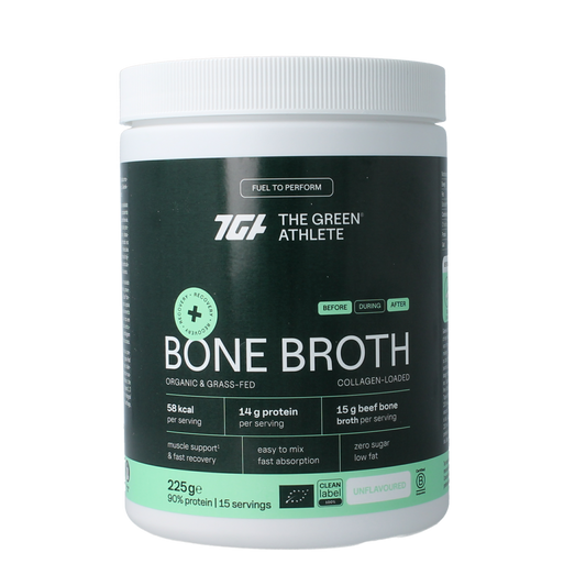 Green Athlete Beef Bone Broth bio in 225g, featuring a clear container with a rich, savory beef broth and natural ingredients.