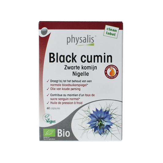 Physalis Black Cumin bio 60 capsules in a bottle, natural herbal supplement from Physalis brand for health support.